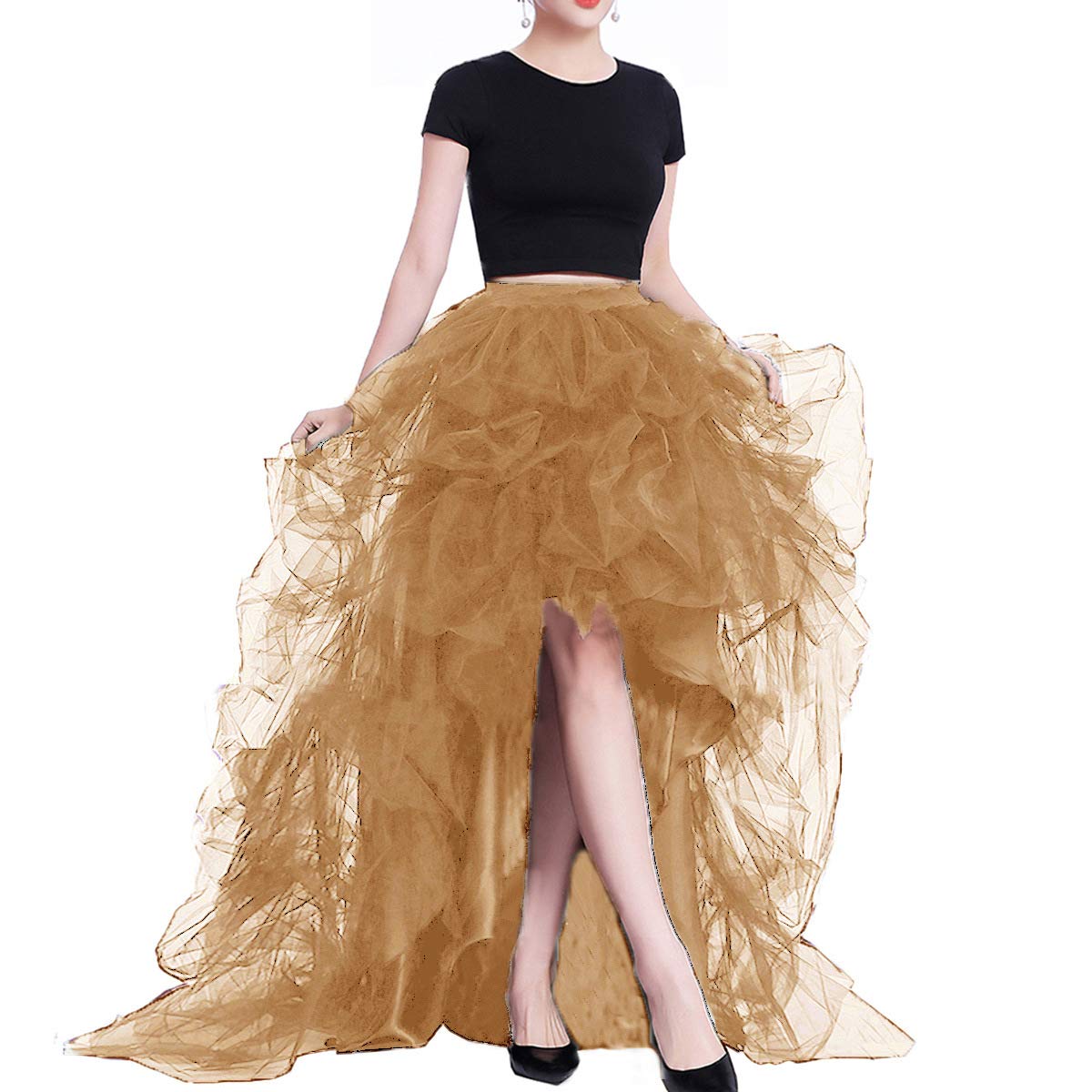 Lisong Women High Waist High Low Layered Tulle Floor Length Spectial Occasion Skirt