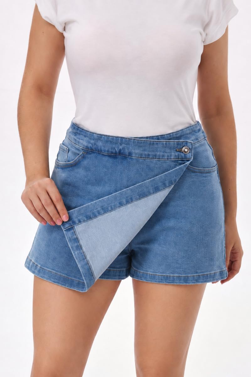 Women's High Waisted Denim Skort with Built-in Shorts, Wrap Front & Pockets