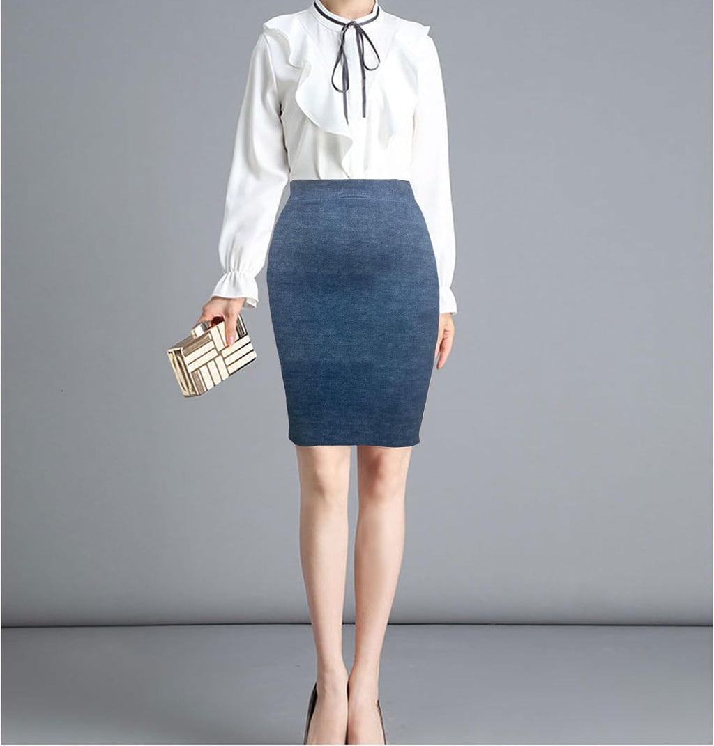 Topdress Women's Bodycon Pencil Skirts Basic Elastic High Waisted Stretch Short Skirt Knee Lenght with Slit