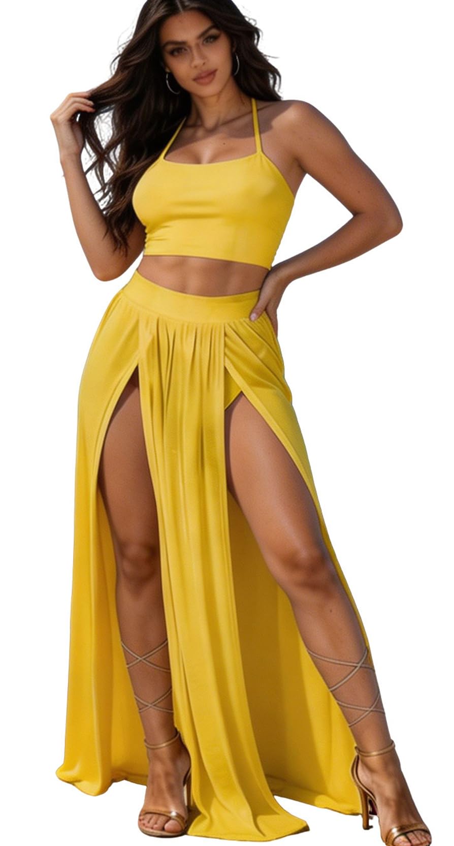 Women Sexy 2 Piece Outfits Dress Chiffon Strap Deep V Neck Bra Crop Top High Split Maxi Dresses Skirt Set