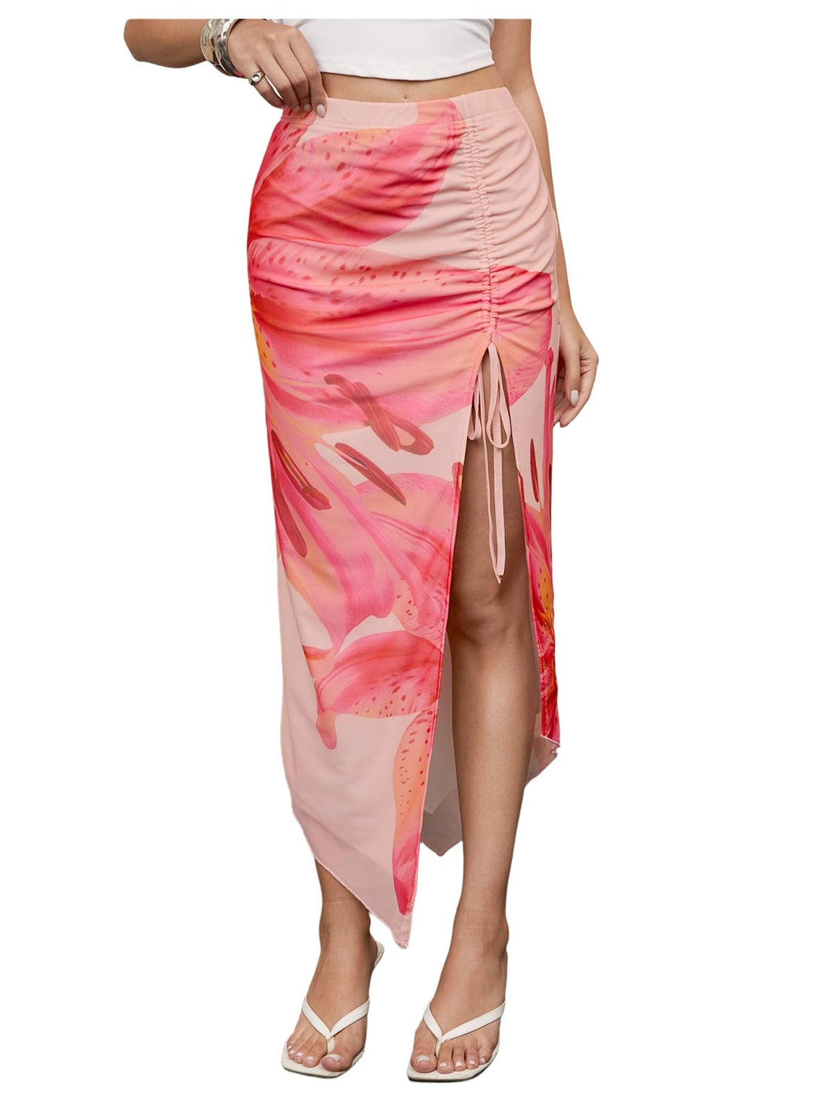 SHENHE Women's High Slit Skirt Asymmetrical Mesh High Waisted Long Skirts