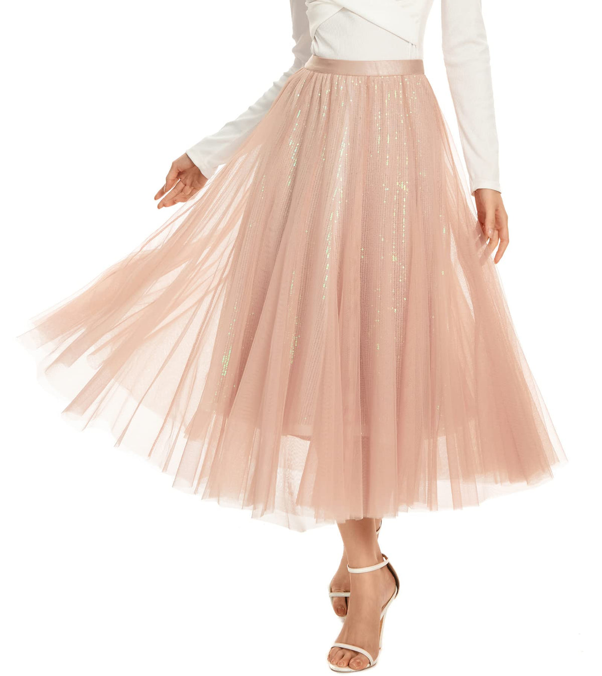Women’s Tulle Skirts Midi Elastic High Waist Pleated Mesh Flowy A-Line Party Long Tutu Skirts…