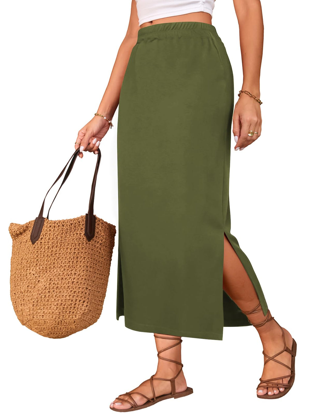 Poetsky Maxi Skirt for Women Summer Side Slit Pencil Skirts Elastic High Waisted Long Skirt
