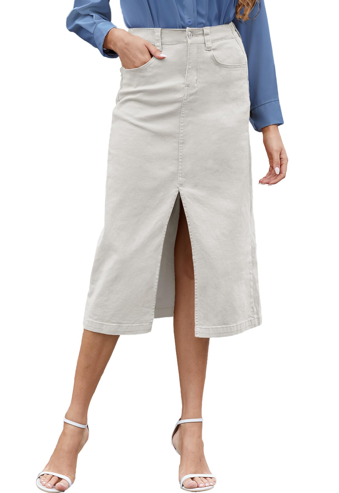 HERBATOMIA Women's Cargo Midi Skirt High Elastic Waist Front Slit Vintage Style Trendy Long Solid Skirts for Women