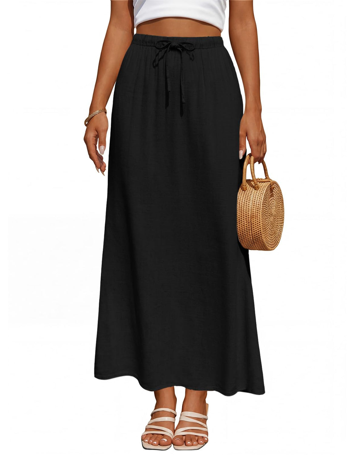 Women's Linen Maxi Skirt Back Slit High Waisted White Long Skirts