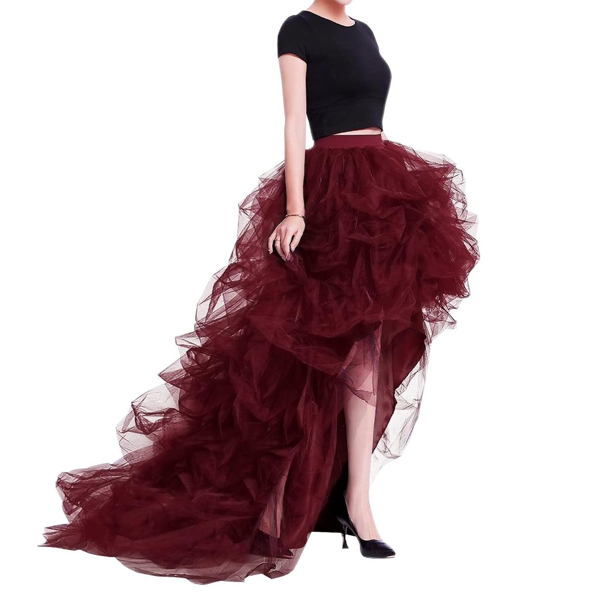 WDPL Women’s High Low Ruffled Tulle Skirt, Long Back Hem for Party Evening