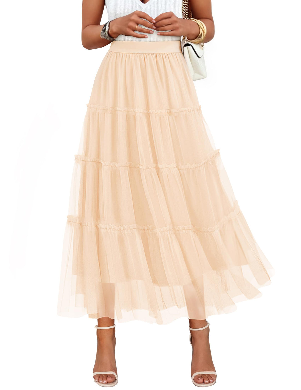 ZESICA Women's Tulle A-Line Flowy Ruffle Tiered Fall Trendy Maxi Skirts