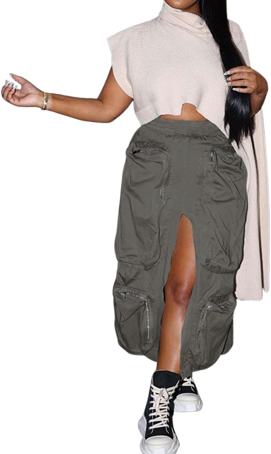 CHARTOU Women Elastic Waist Midi Cargo Skirt Multi Pocket Split Maxi Long Pencil Skirt Street Casual Skirt