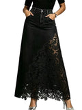 Womens Long Jean Skirt A Line Lace Floral Sheer Denim Maxi Skirt