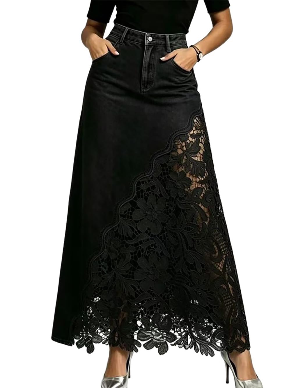 Womens Long Jean Skirt A Line Lace Floral Sheer Denim Maxi Skirt