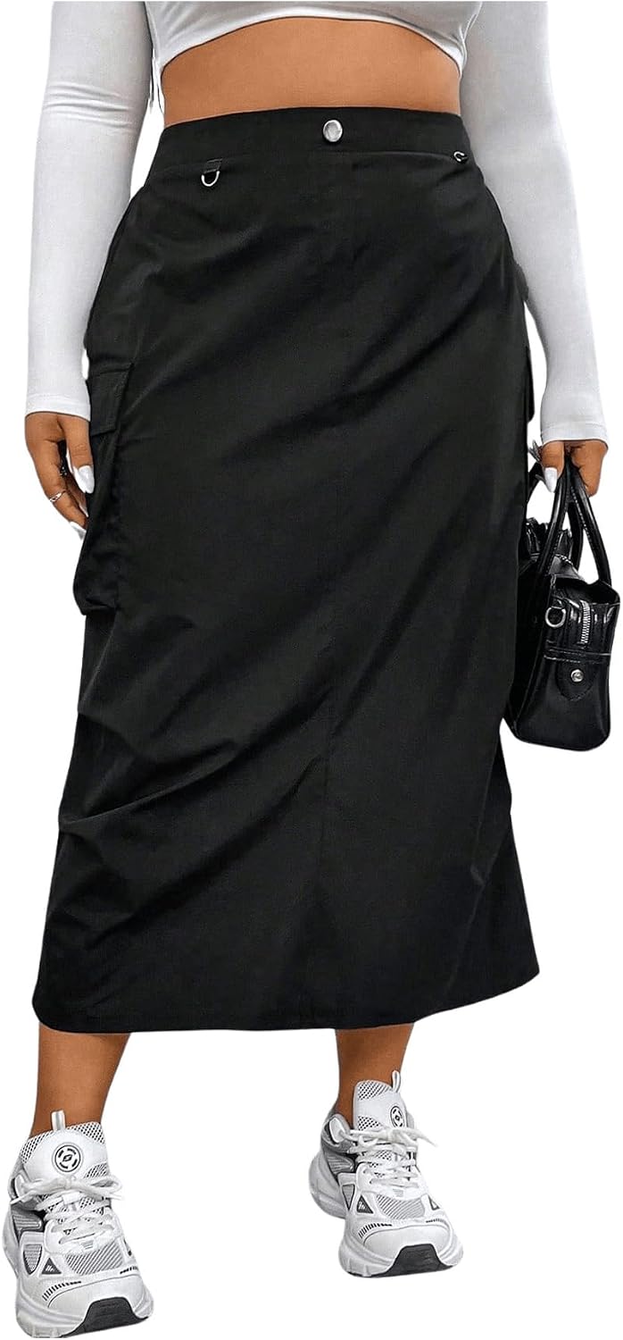 OYOANGLE Women's Plus Size Elastic High Waist Cargo Midi Skirts