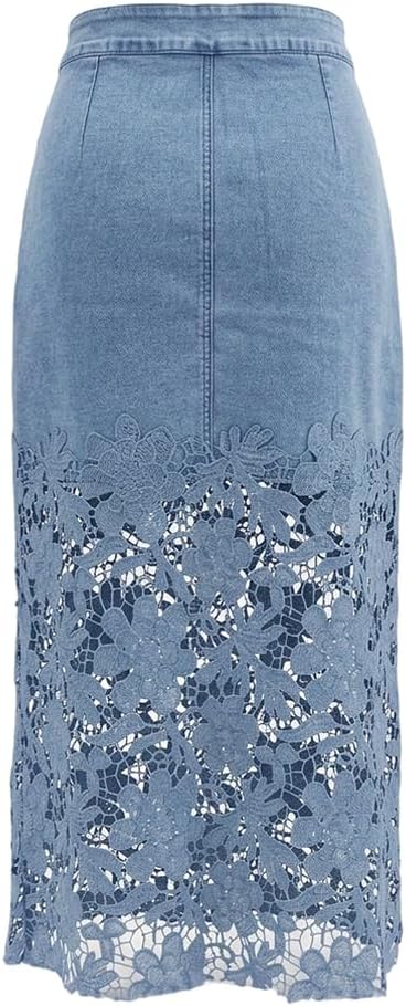 CHICME Denim Midi Skirt for Women Guipure Lace Spliced Jean Skirt