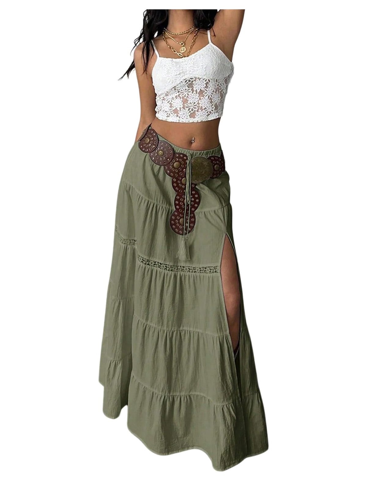 Verdusa Women's Long Maxi Skirts Boho Western Country Cncert Outfits Lace Skirt Split Layered Ruffle Skirt