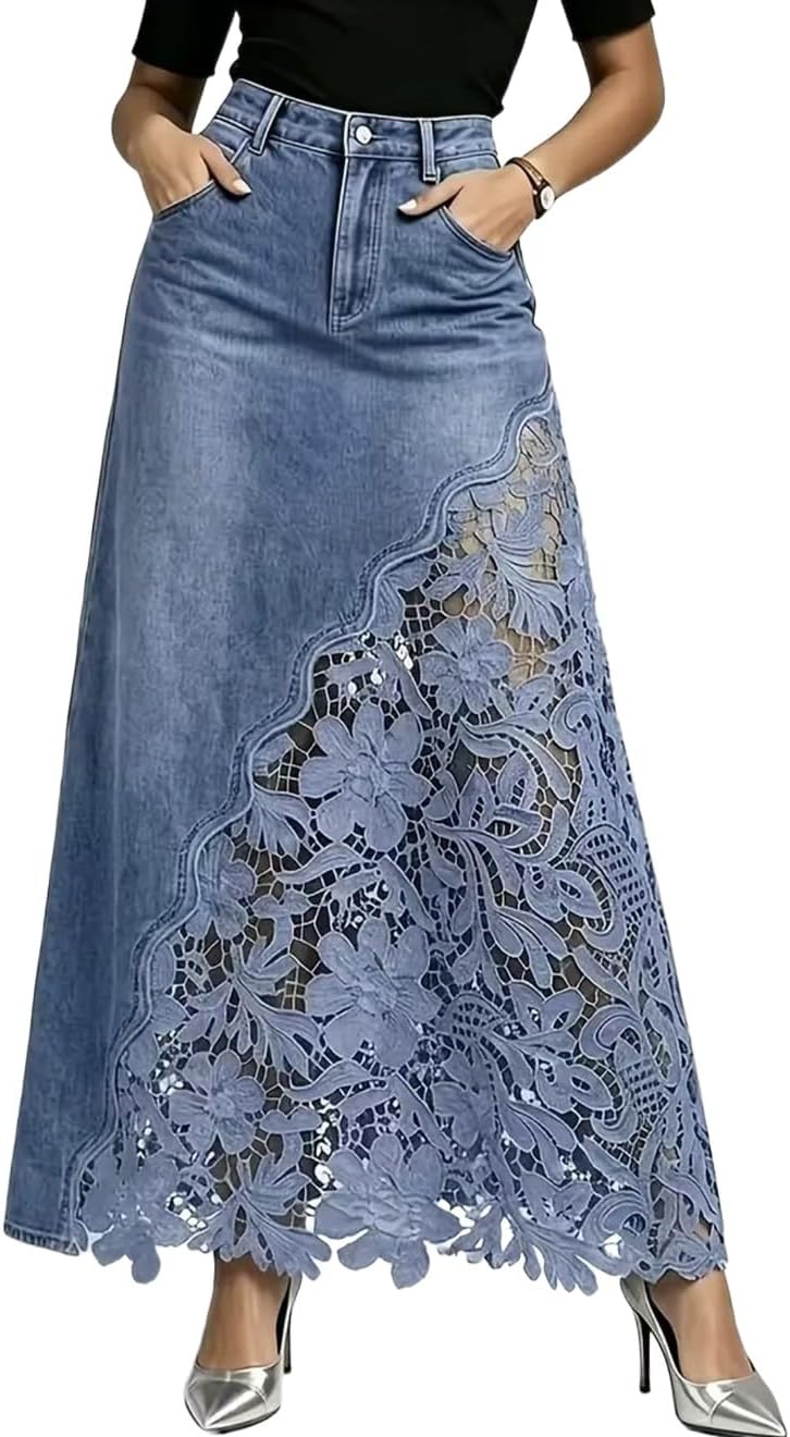 Womens Long Jean Skirt A Line Lace Floral Sheer Denim Maxi Skirt