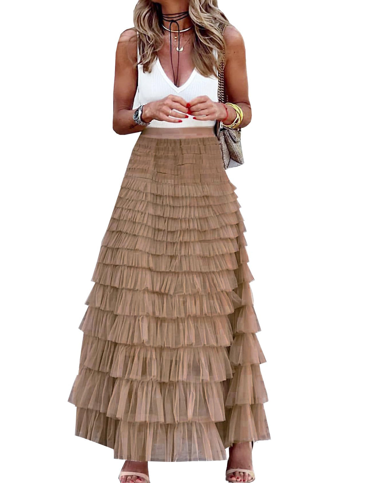 Womens Long Maxi Tulle Skirt A Line Ruffle Mesh High Waisted Tiered Layered Skirts Petticoat