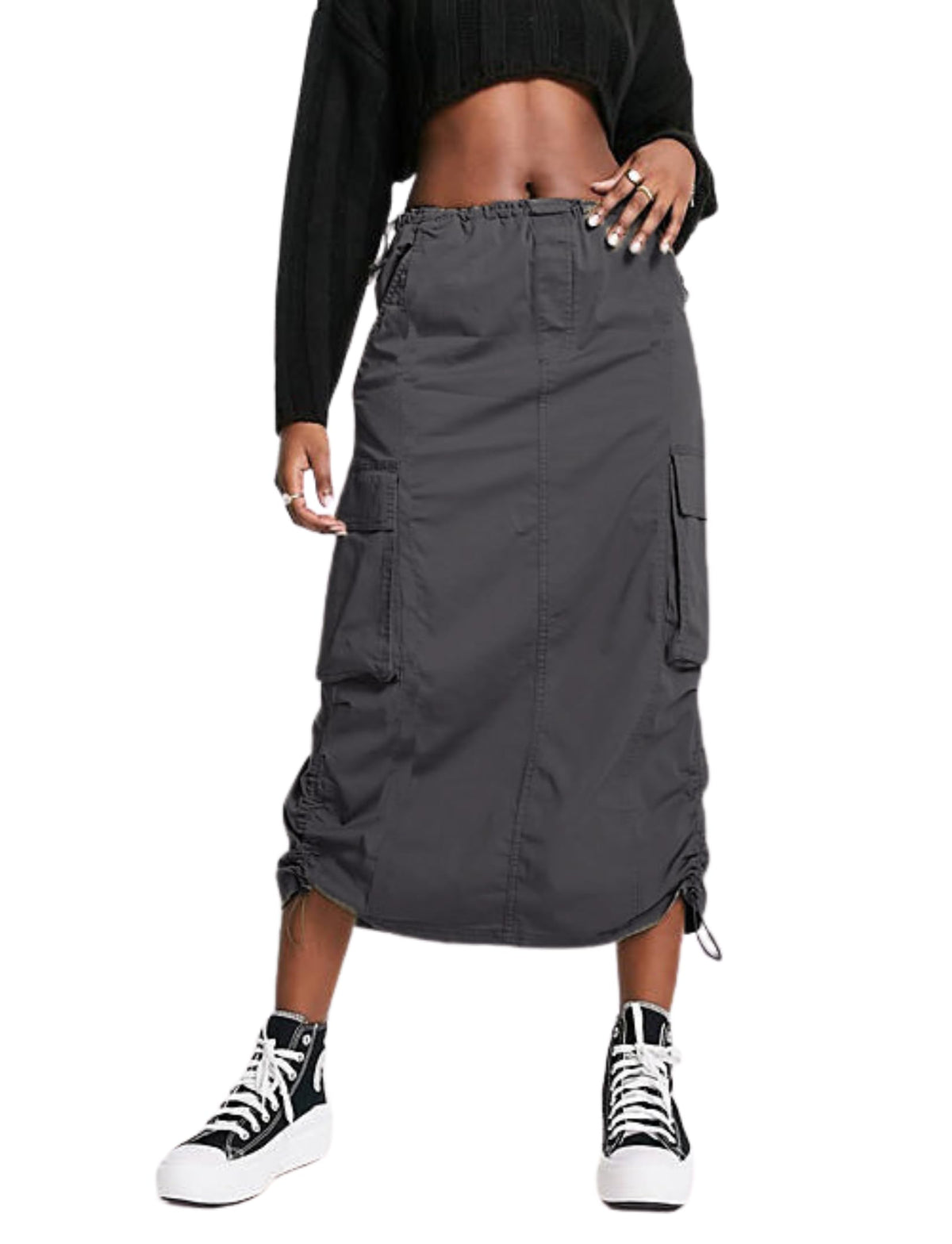Women Y2k Cargo Long Skirt Low Waist Drawstring Maxi Skirt Ruched Vintage Slit Cargo Skirt with Pockets