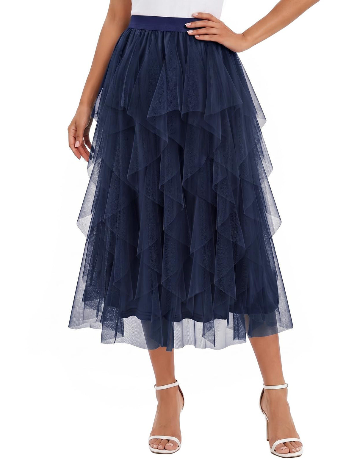 DRESSTELLS Women's Tulle Skirts, Midi Long A-line Elastic High Waist Fairy Tutu Skirt with Layered Ruffle