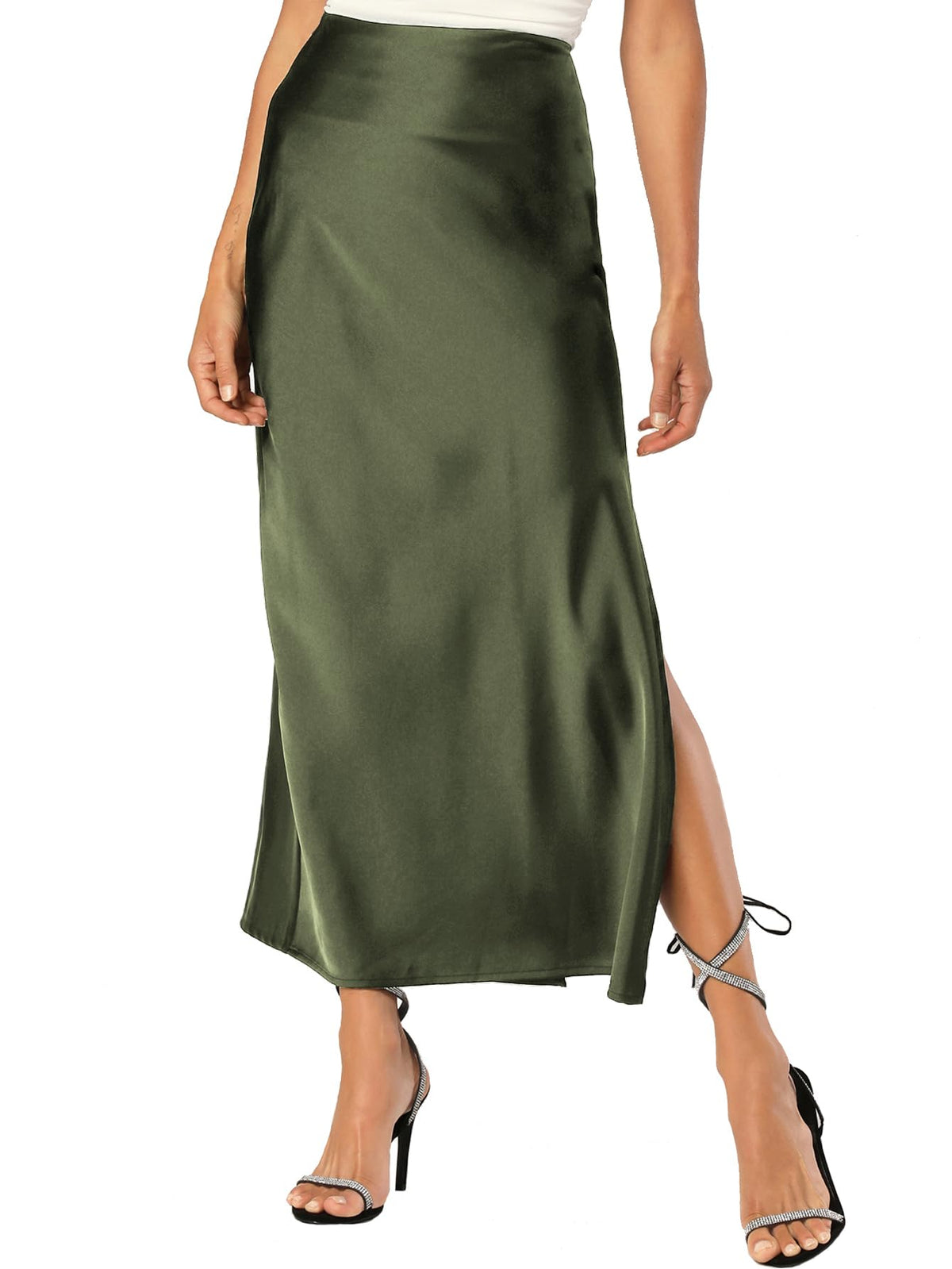 Womens Satin Silk Maxi Slit Skirt Elastic Waistband Leopard Print Maxi Long Satin Slit Skirts for Women
