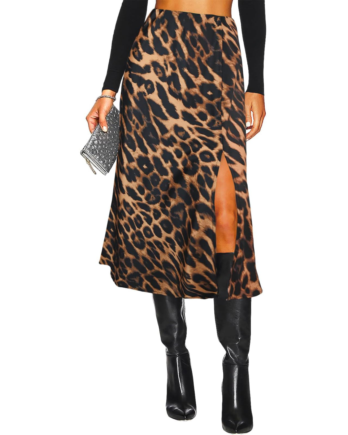 Women's Slit Satin Midi Skirt High Waisted Leopard Silk Long Skirts