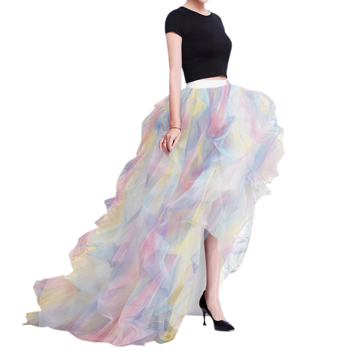 WDPL Women’s High Low Ruffled Tulle Skirt, Long Back Hem for Party Evening