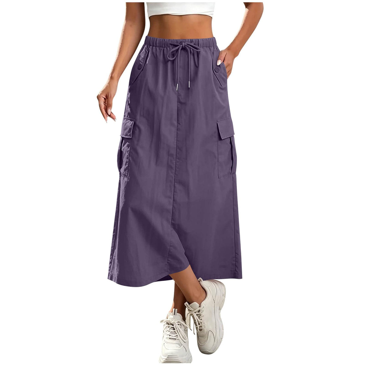 Womens Cargo Skirt High Waisted Drawstring Quick Dry Maxi Skirt Trendy Back Slit A Line Long Skirts Summer Skirts