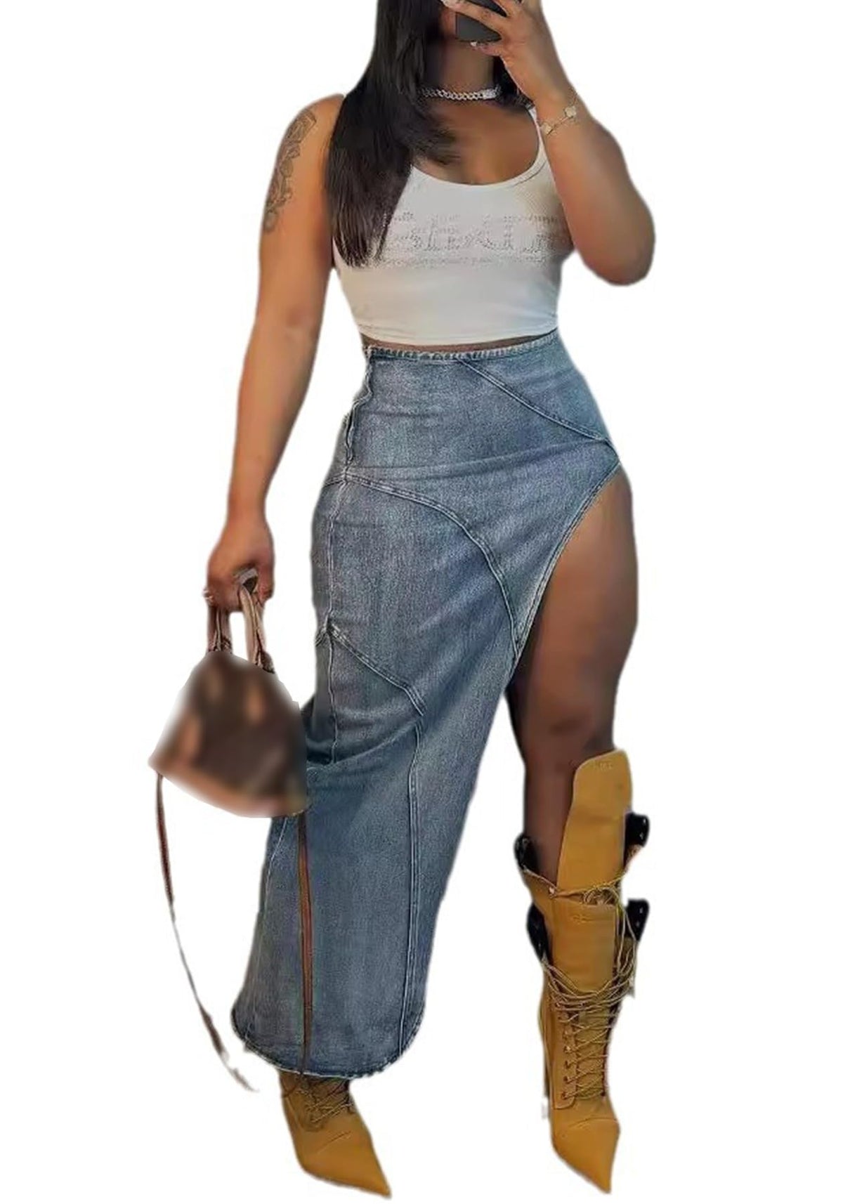 Womens Denim Skirt Long High Waisted Button Down Jean Skirts Maxi with Slit