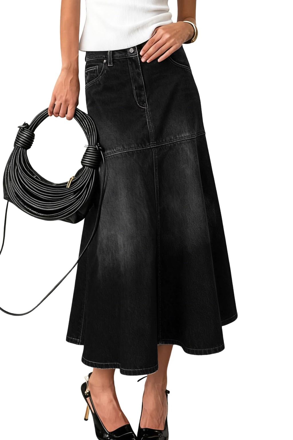 chouyatou Women's Elegant A-Line Pleated Jean Skirt Western Distressed Midi Long Fishtail Denim Skirt