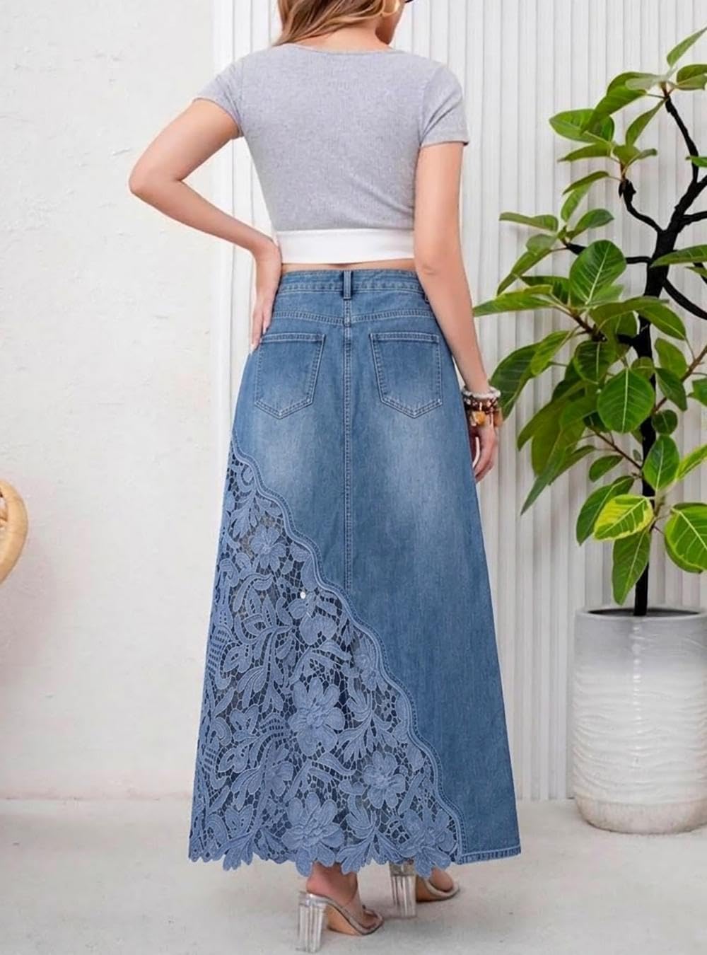 Womens Long Jean Skirt A Line Lace Floral Sheer Denim Maxi Skirt