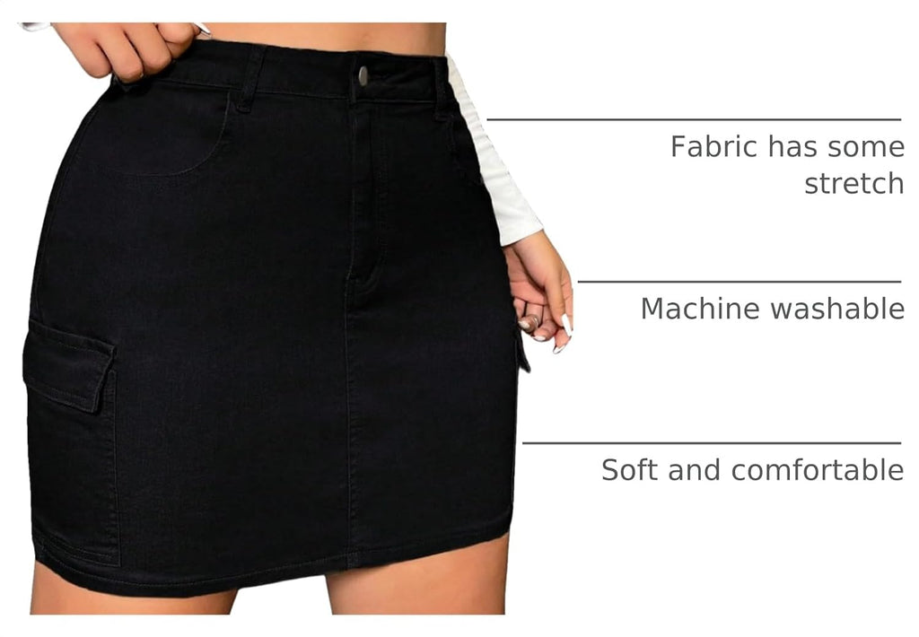 WDIRARA Women's Plus Size High Waist Cargo Denim Skirt Flap Pockets Zipper Fly Bodycon Mini Jean Skirt