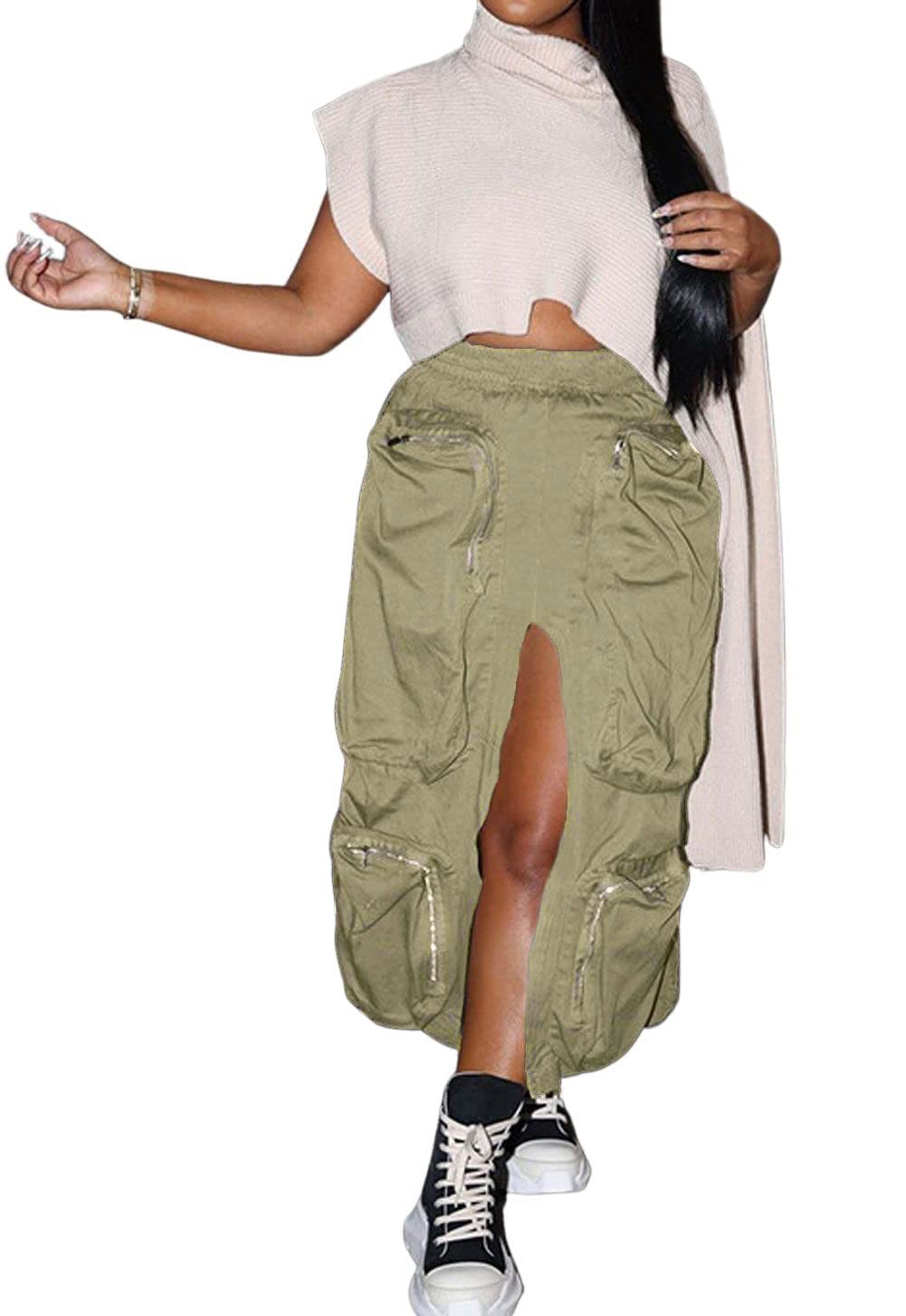 CHARTOU Women Elastic Waist Midi Cargo Skirt Multi Pocket Split Maxi Long Pencil Skirt Street Casual Skirt