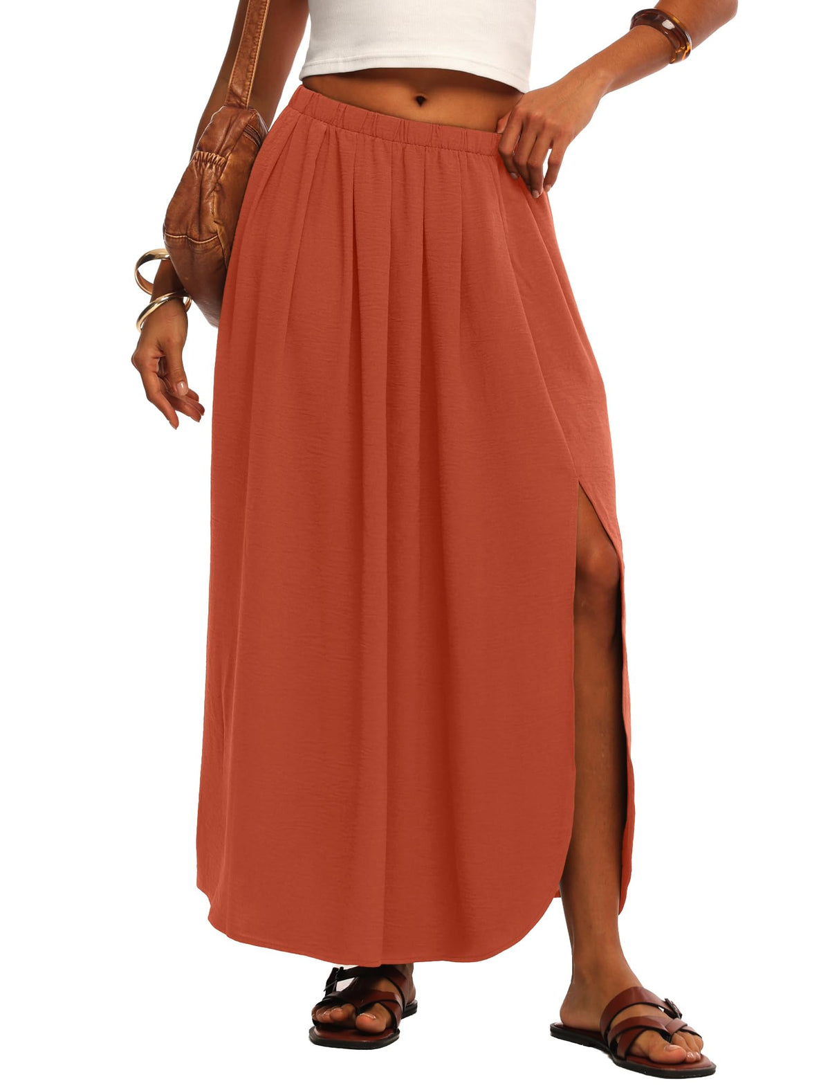 HiMONE Womens Maxi Skirt High Waisted Flowy A Line with Side Slit