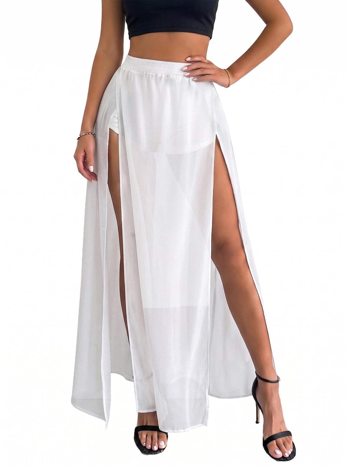 Avanova Women Double High Slit Mesh Sheer Maxi Skirt with Shorts