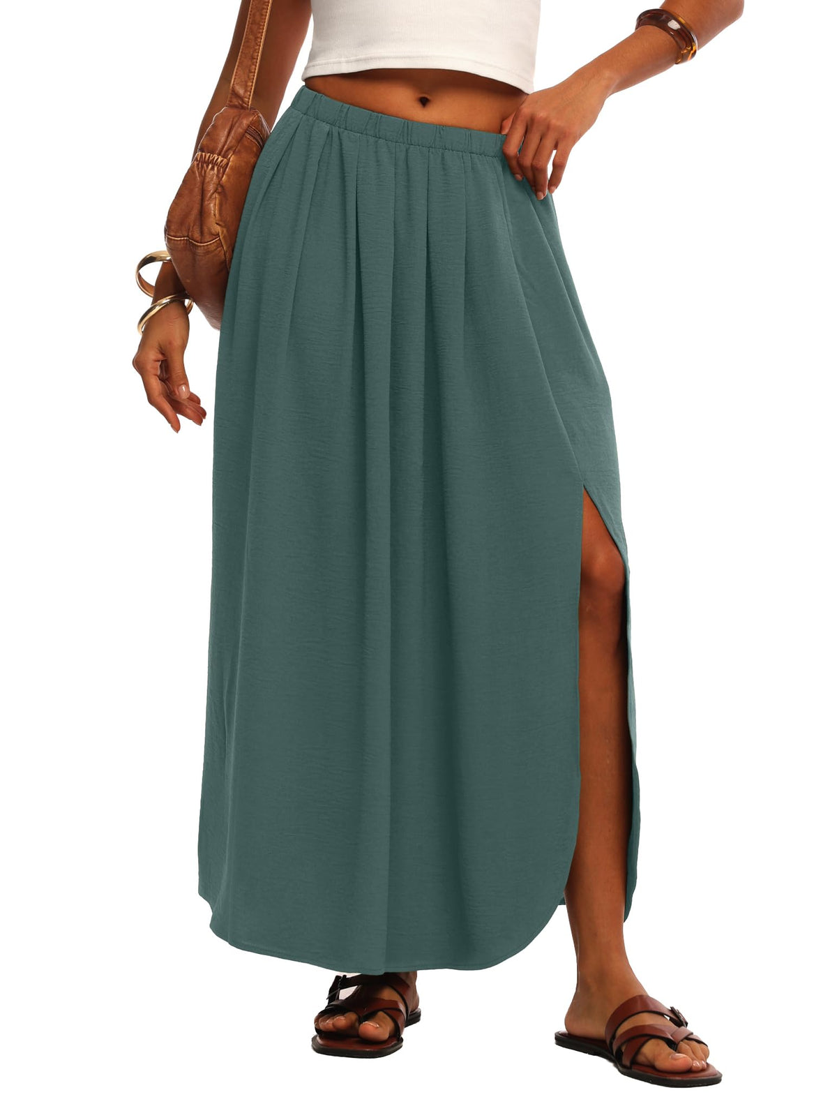 HiMONE Womens Maxi Skirt High Waisted Flowy A Line with Side Slit