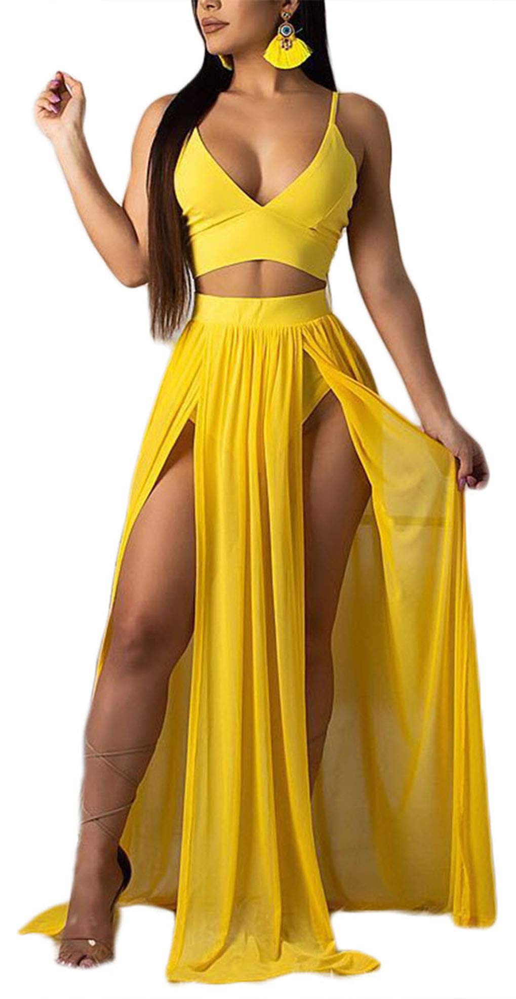 Women Sexy 2 Piece Outfits Dress Chiffon Strap Deep V Neck Bra Crop Top High Split Maxi Dresses Skirt Set
