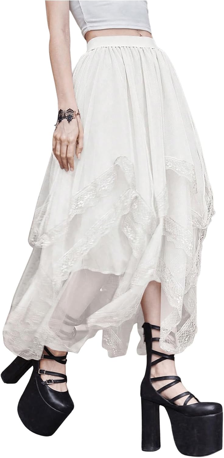 SHENHE Women's Lace Trim Layered Mesh Tulle Skirt Asymmetrical Goth Skirt