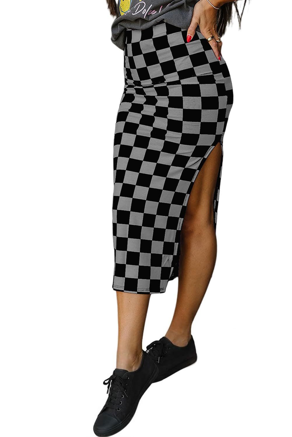 EARKOHA Womens Checkered Slit Midi Skirt Summer Fall Bodycon Long Skirts