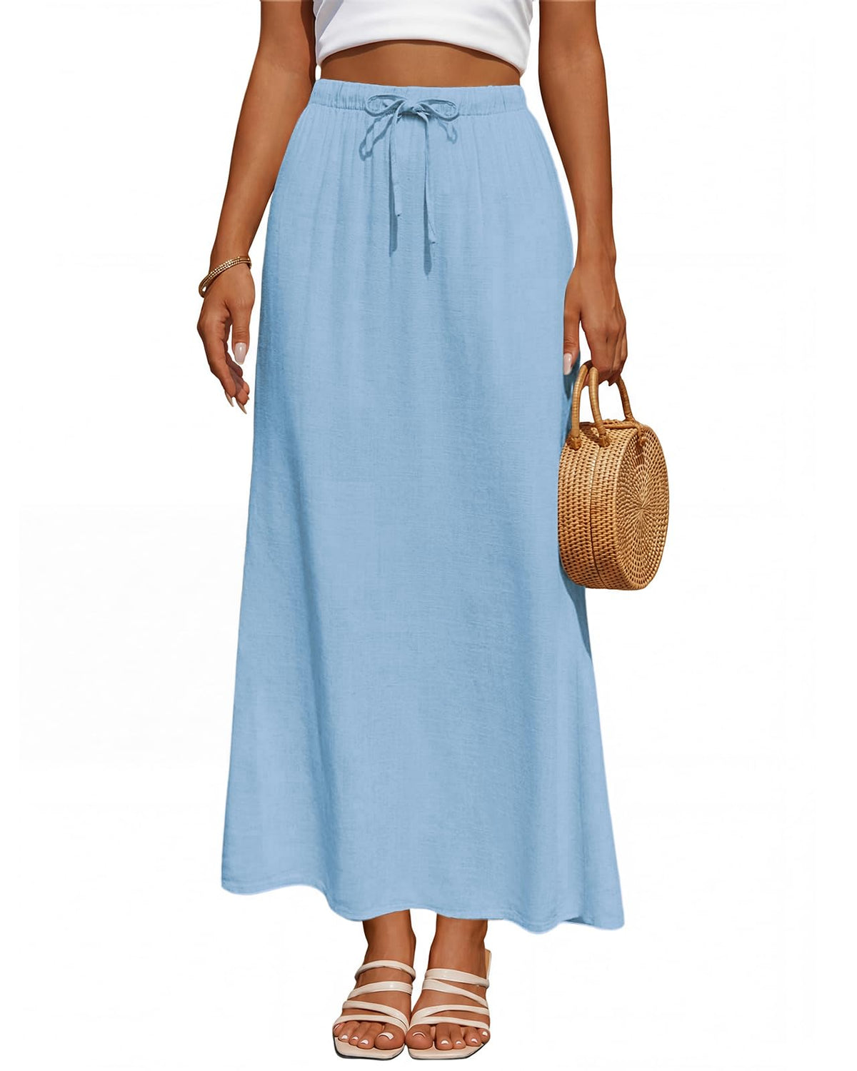 Women's Linen Maxi Skirt Back Slit High Waisted White Long Skirts