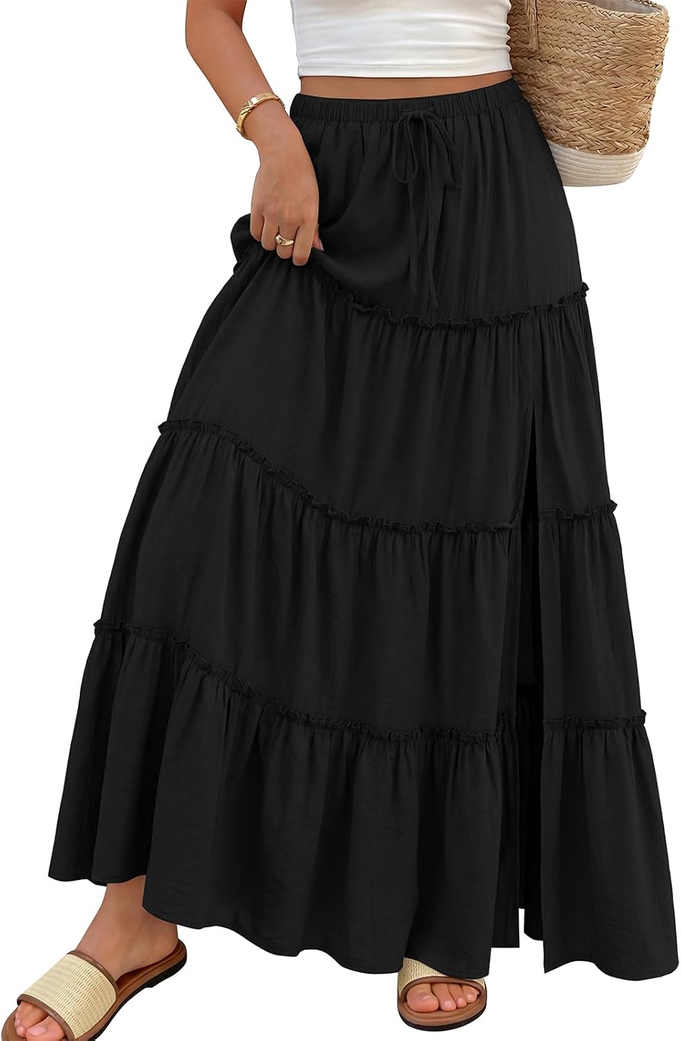 Trendy Queen Long Skirts for Women Slit Maxi Boho Skirt Summer Vacation Outfits A-Line Dress with Pockets Fashion