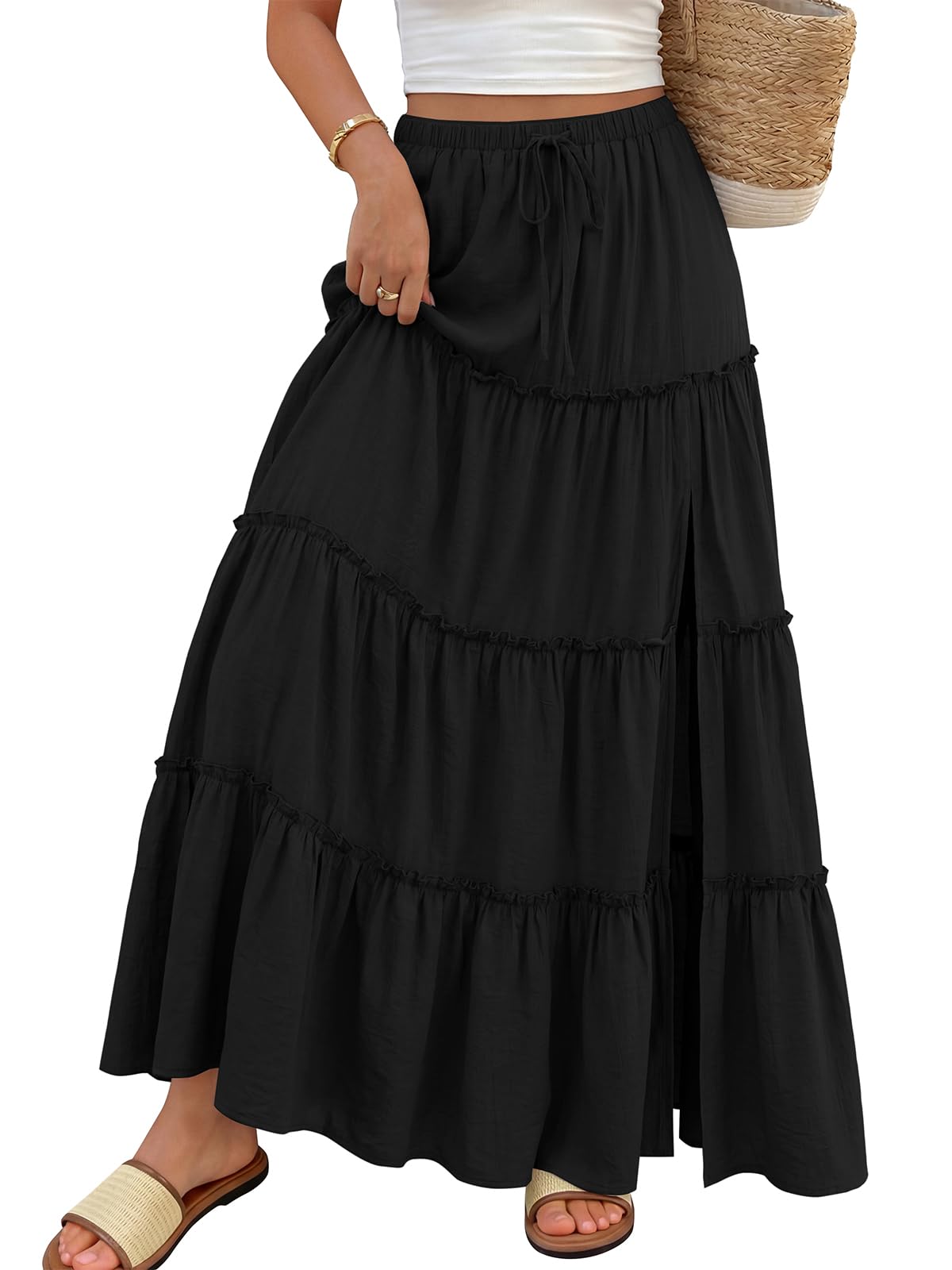 Trendy Queen Long Skirts for Women Slit Maxi Boho Skirt Summer Vacation Outfits A-Line Dress with Pockets Fashion