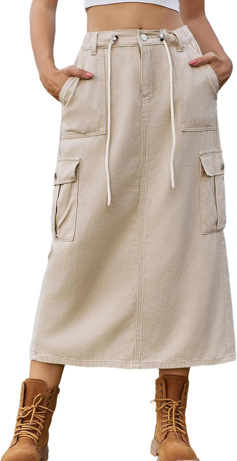 Long Denim Skirts for Women High Waist Back Split A-line Cargo Jean Skirt with Multipockets