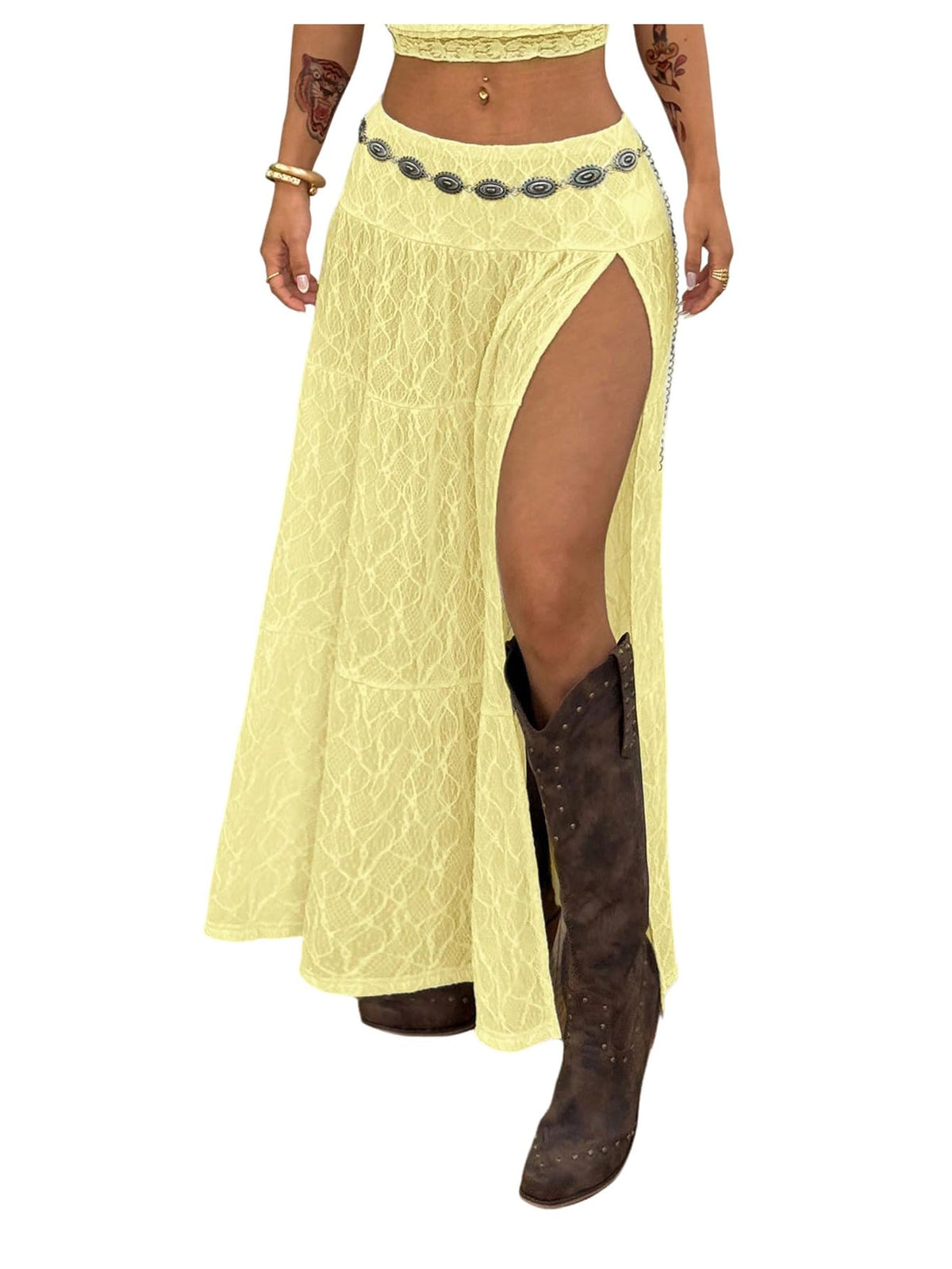 RoseSeek Women's Western High Low Fringe Cowgirl Boho Lace Maxi Skirt