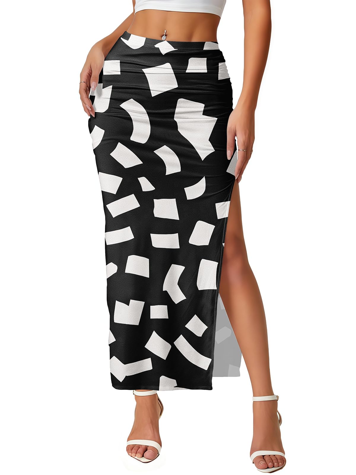 Women's Maxi Skirt Ruched Side Slit Thigh Elegant Bodycon Pencil Skirts