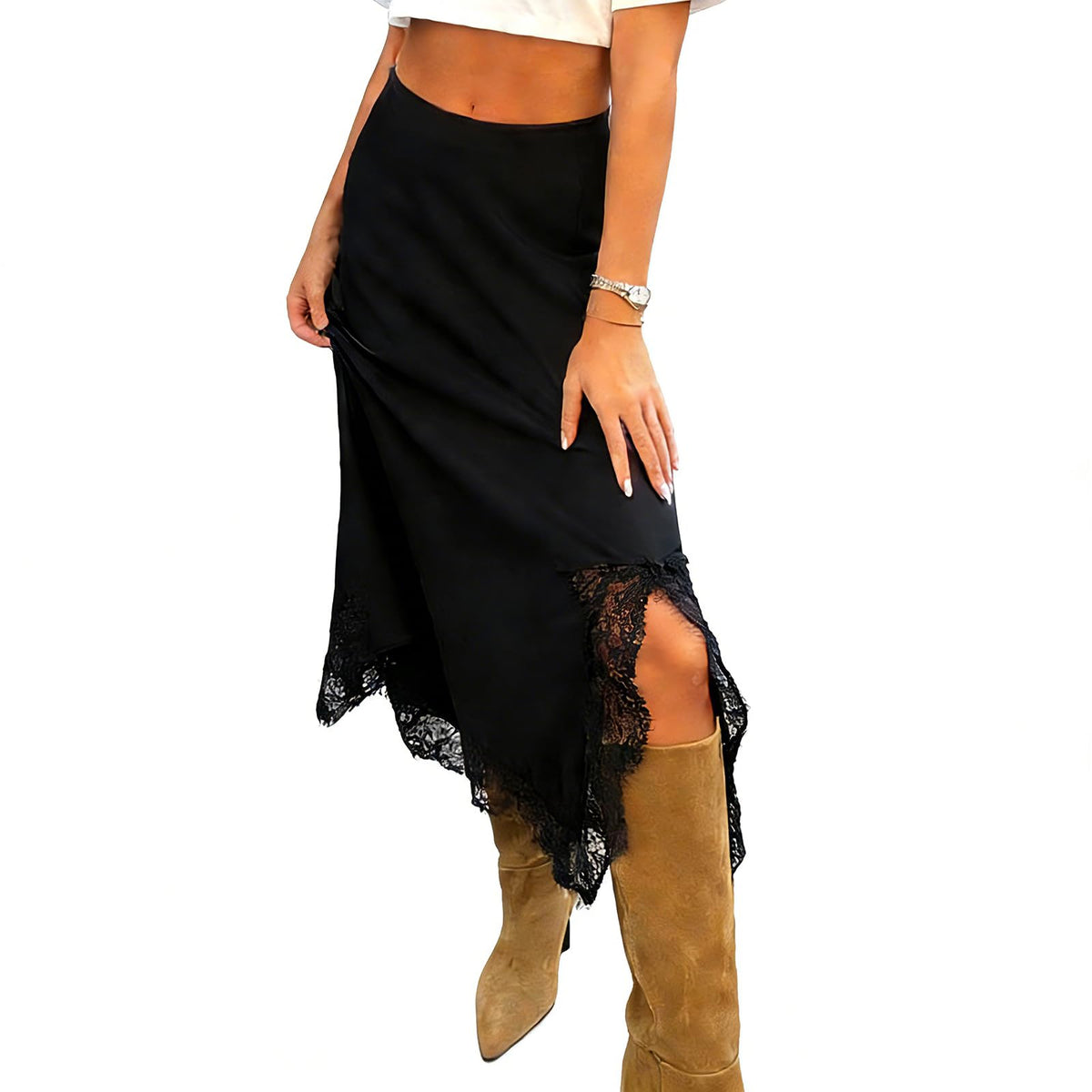 Women's Satin Skirt High Waisted Side Split Asymmetric Lace Patchwork Midi Skirt Bodycon Long Skirts Trendy