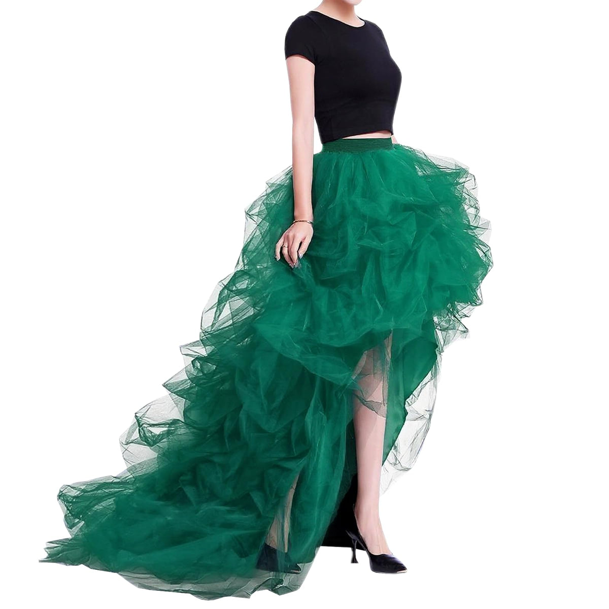WDPL Women’s High Low Ruffled Tulle Skirt, Long Back Hem for Party Evening