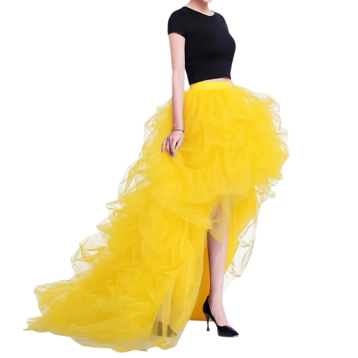 WDPL Women’s High Low Ruffled Tulle Skirt, Long Back Hem for Party Evening