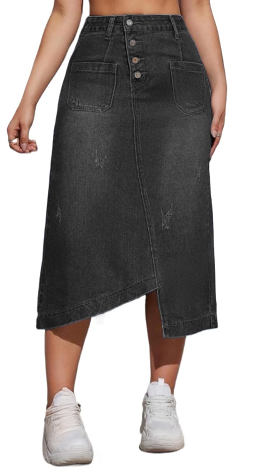 CaniBtr Women's Casual Slit Denim Midi Jean Skirt Stretch with Pockets