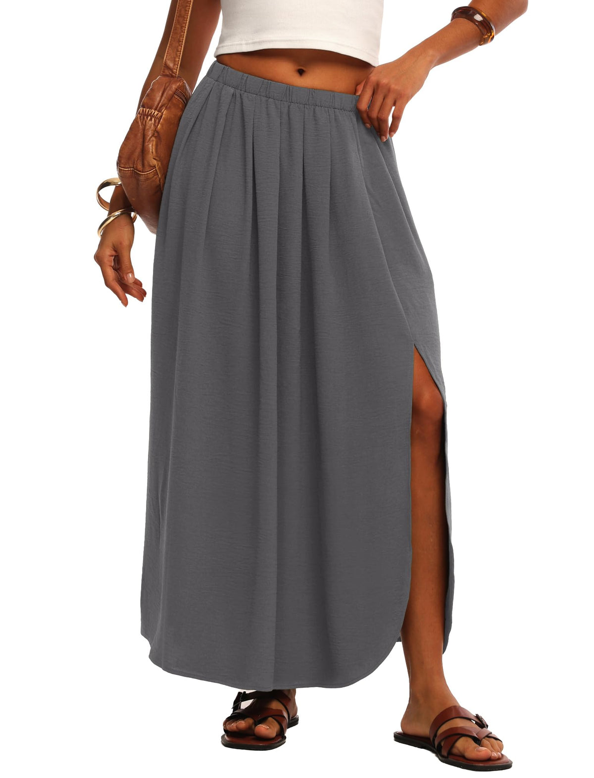 HiMONE Womens Maxi Skirt High Waisted Flowy A Line with Side Slit
