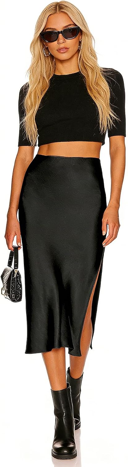 Womens Satin Silk High Waist Slit Midi Skirt Elastic Waistband Midi Skirts for Women