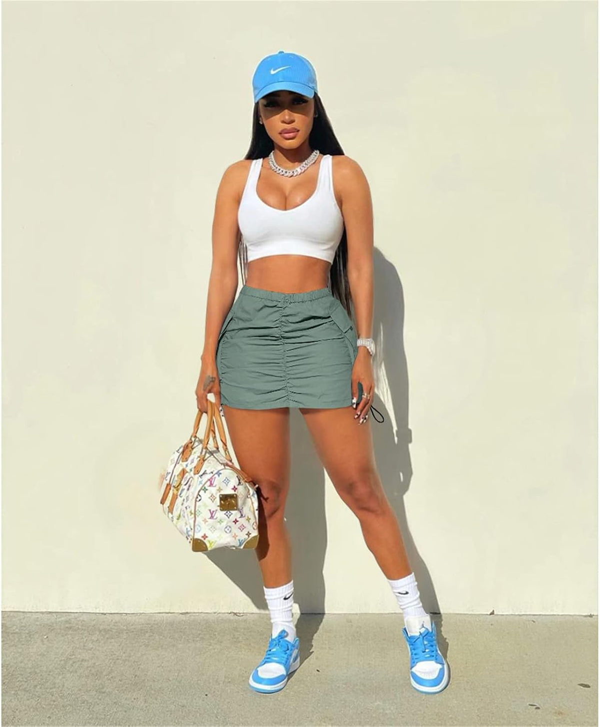 Women Cargo Mini Skirt Ruched High Waisted