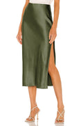 Womens Satin Silk High Waist Slit Midi Skirt Elastic Waistband Midi Skirts for Women